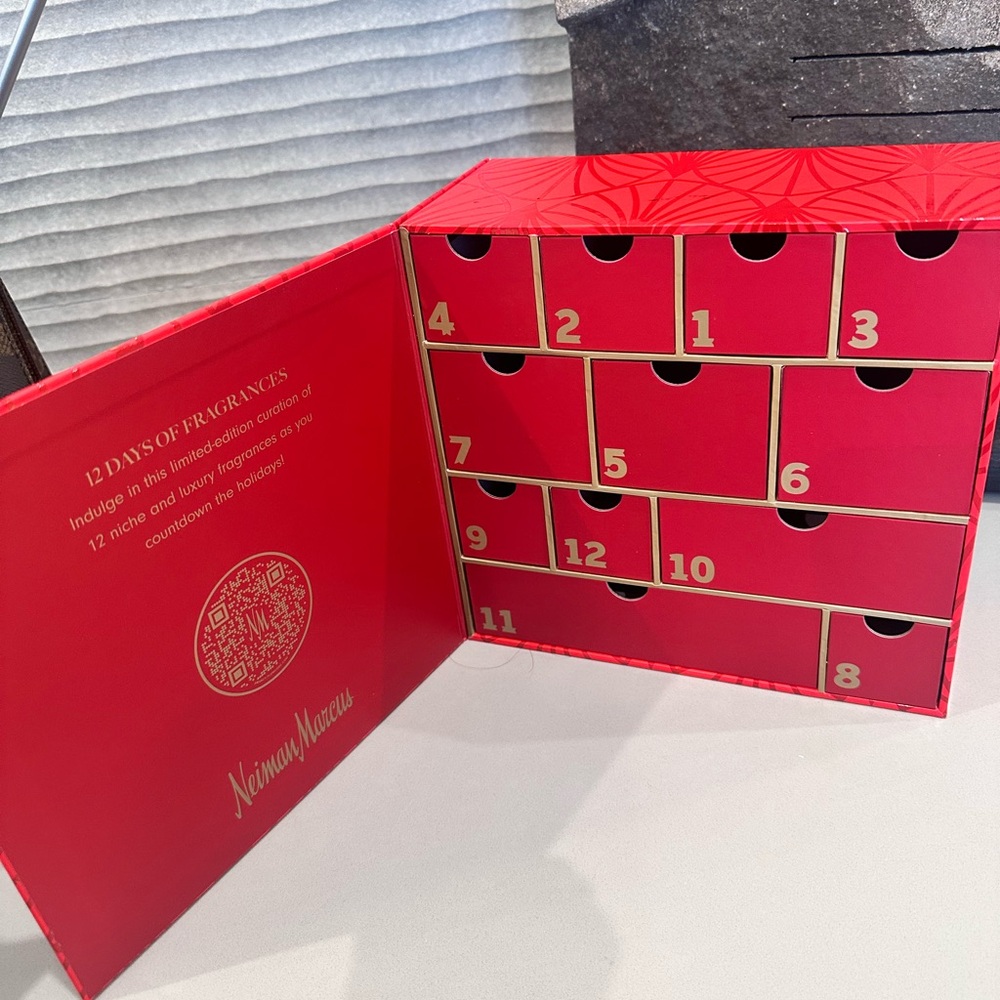 Empty calendar box from Neiman Marcus luxury beauty advent storage boxes